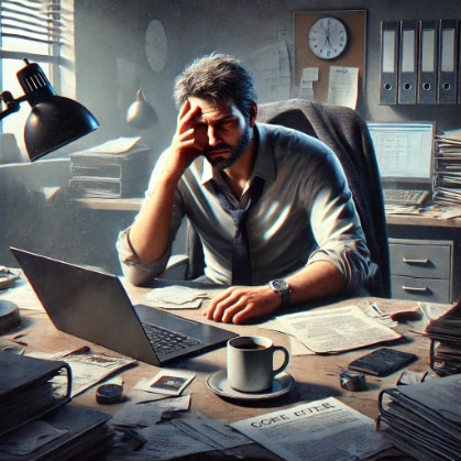 Frustrated Customer - Man with beared with his hand on his forehead sitting at his messy desk, trying to figure out how to manage the increasing demands of operations.